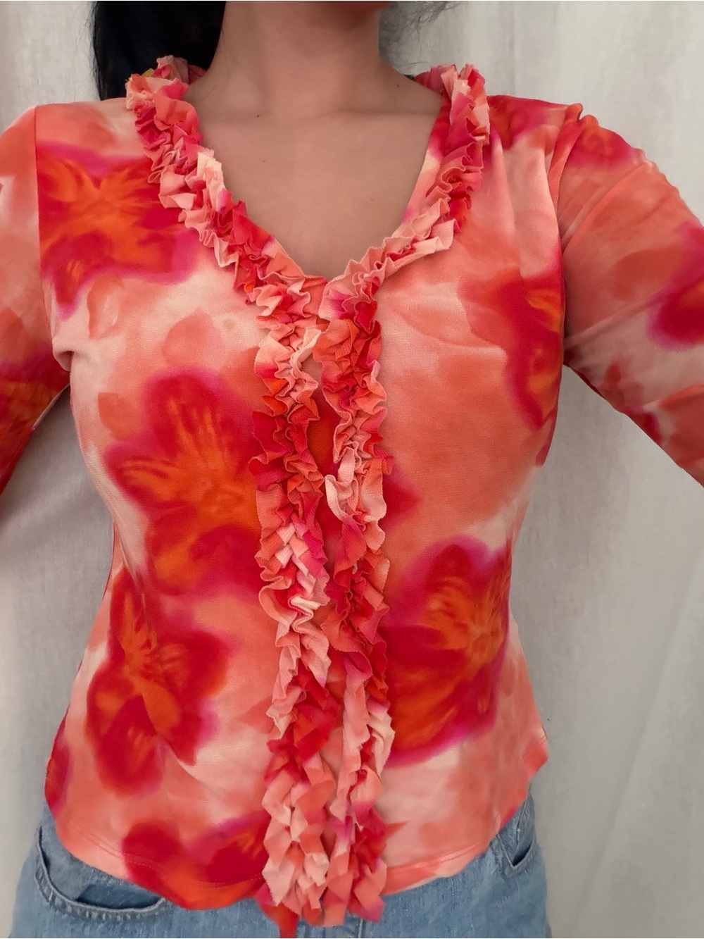INC International Concepts Coral Pink Ruffled V-Neck Floral Blouse